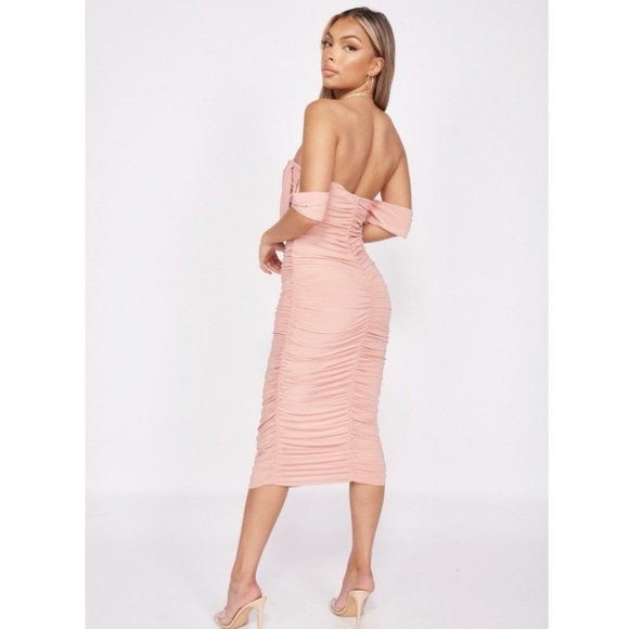 Pink Short Sleeve Off Shoulder Ruched Bodycon Midi Dress - Picture 5 of 14